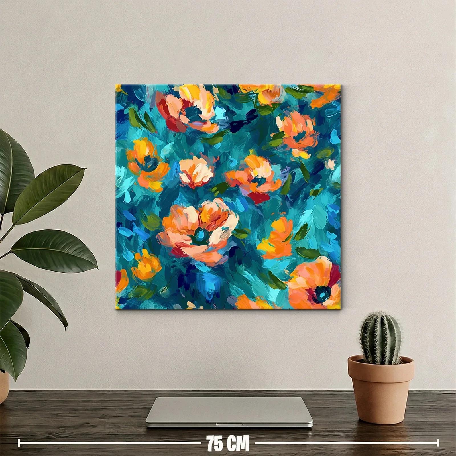 Cuadro con flores vibrantes en tonos azules y naranjas — miniatura 2