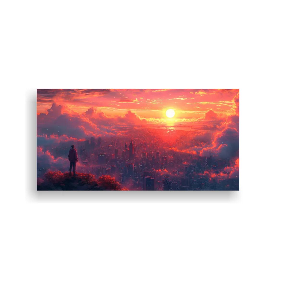 Cuadro ciudad entre nubes al atardecer con sol dominante