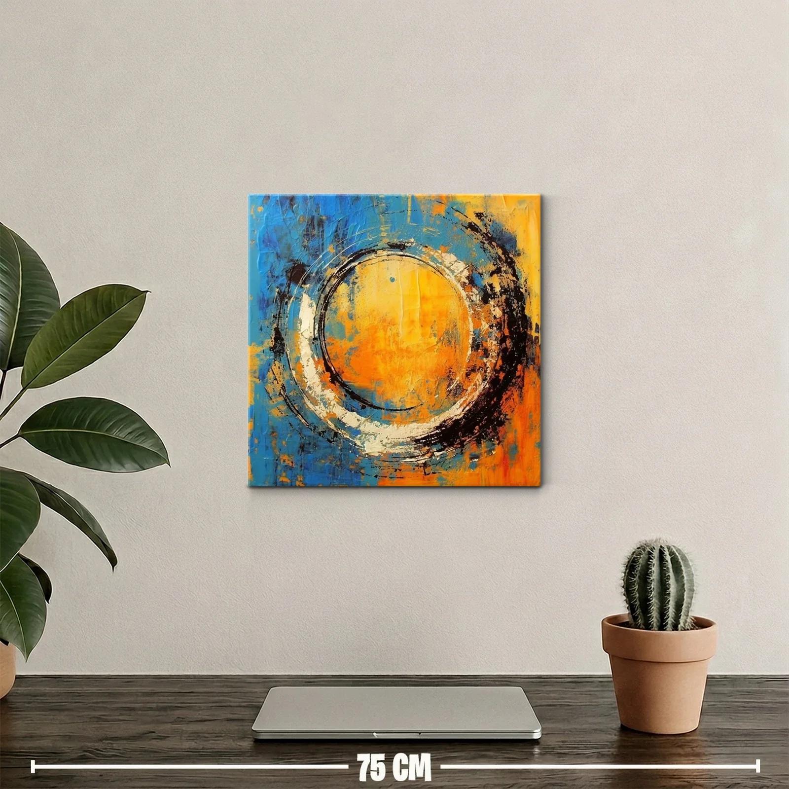 Cuadro abstracto con círculo dinámico en tonos cálidos y fríos — miniatura 2