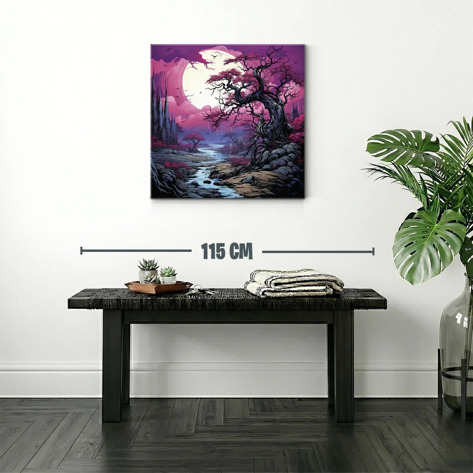 Paisaje fantástico con árboles y río bajo luna llena — miniatura 2