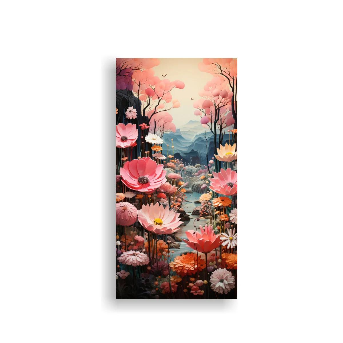 Cuadro campo de flores rosas con agua y montañas