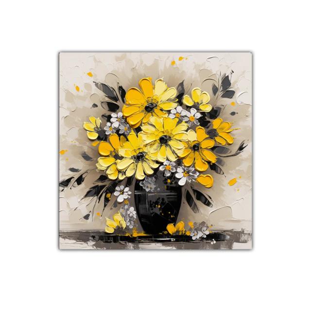 Cuadro con ramo de flores amarillas sobre fondo neutro