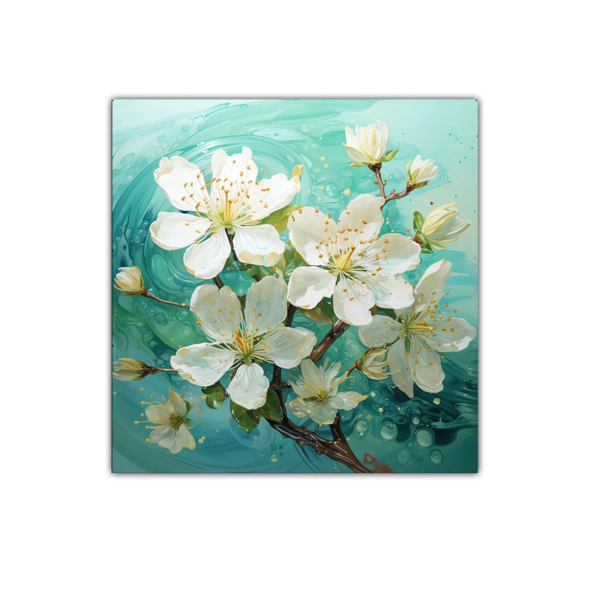 Cuadro decorativo con flores blancas sobre fondo turquesa