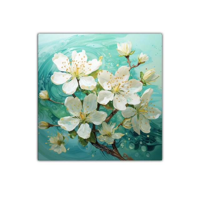 Cuadro decorativo con flores blancas sobre fondo turquesa