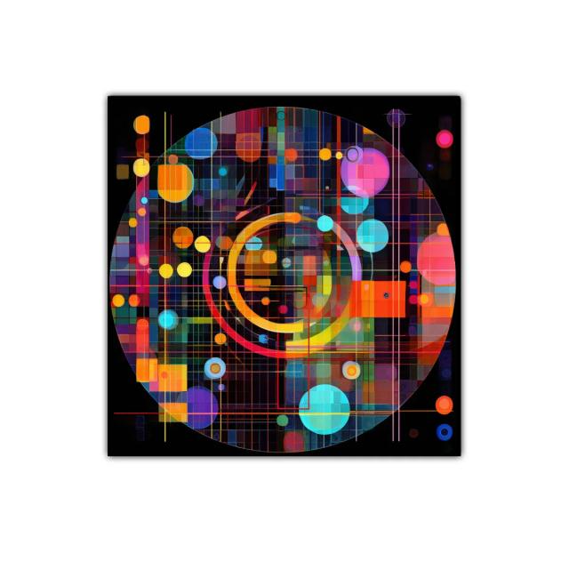 Cuadro abstracto geométrico con colores vibrantes y formas circulares