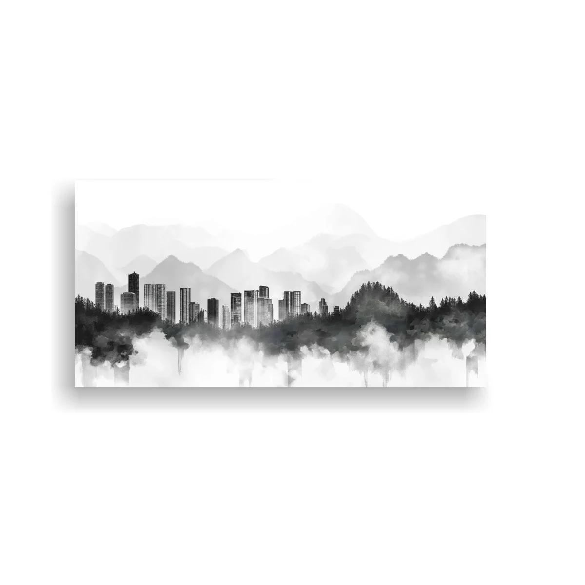 Cuadro skyline urbano entre montañas con niebla