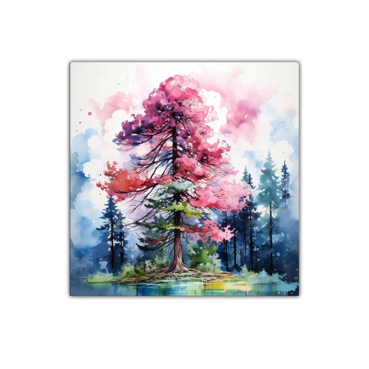Árbol vibrante con tonos rosados y fondo azul intenso