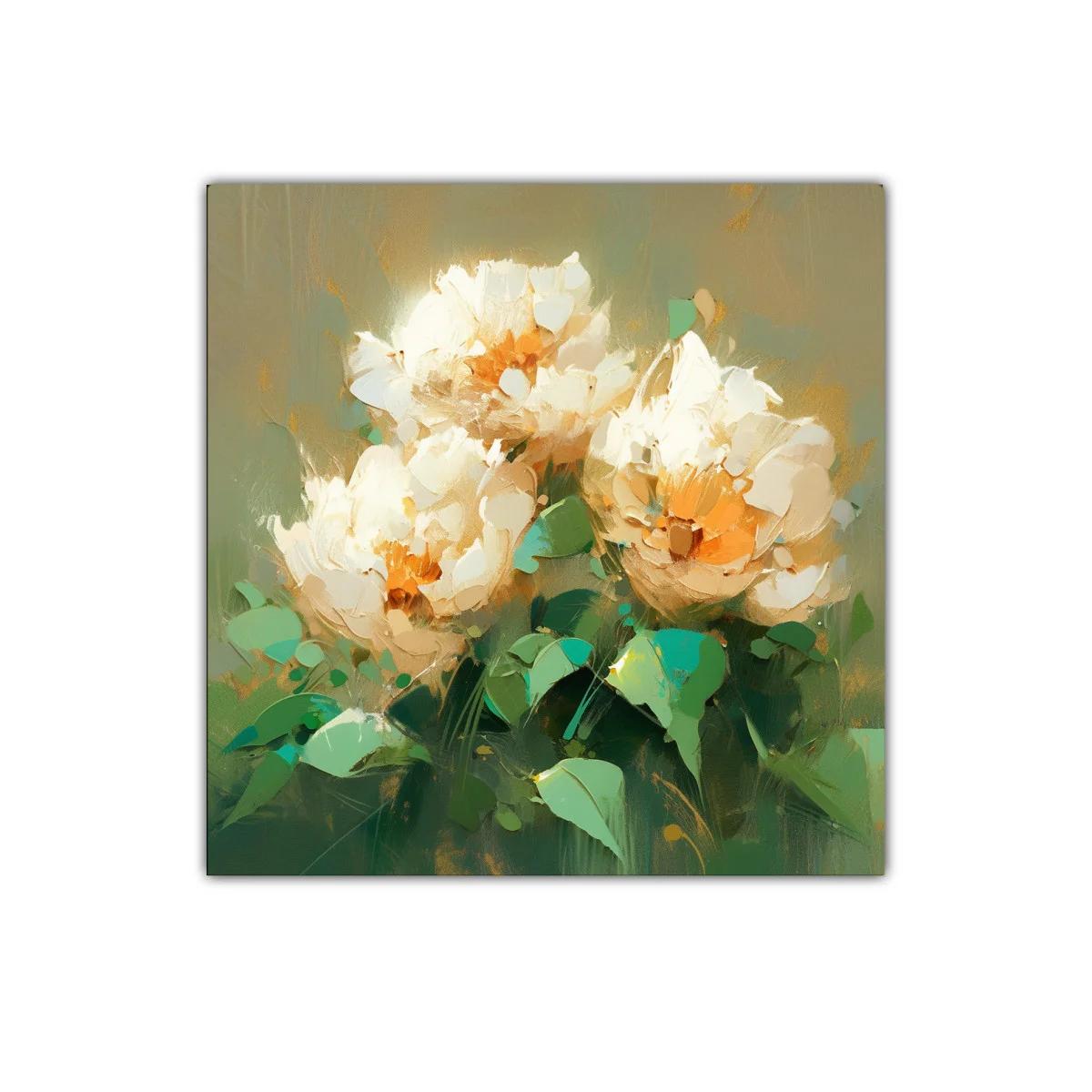 Cuadro con flores blancas y tonos verdes y dorados — imagen principal