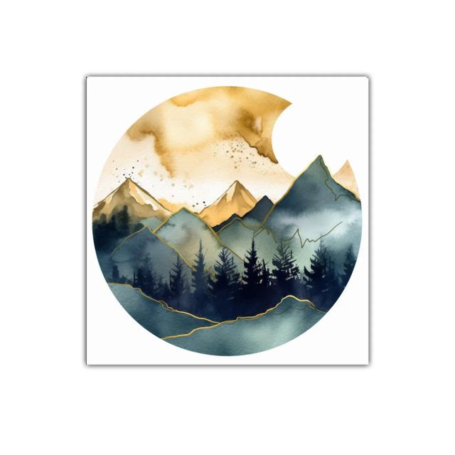 Montañas doradas y bosque en tonos azulados y verdes