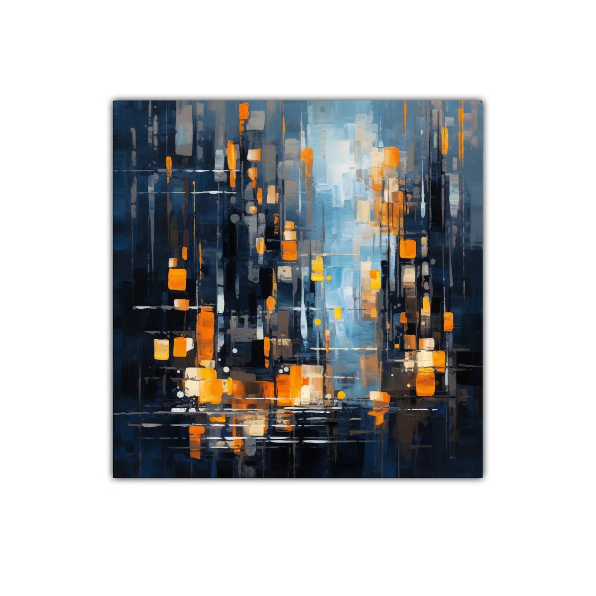 Cuadro abstracto urbano con luces cálidas y tonos fríos