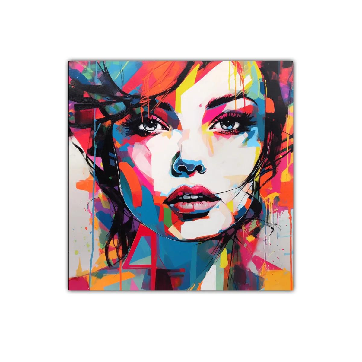 Retrato femenino vibrante con explosión de color y estilo urbano