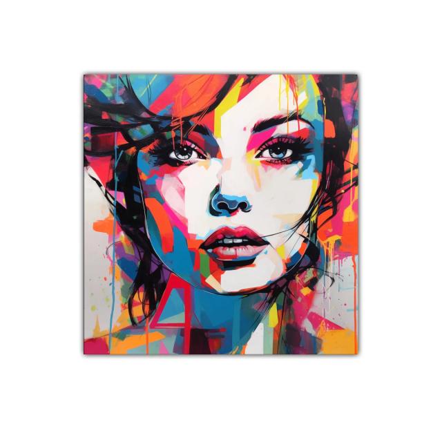 Retrato femenino vibrante con explosión de color y estilo urbano