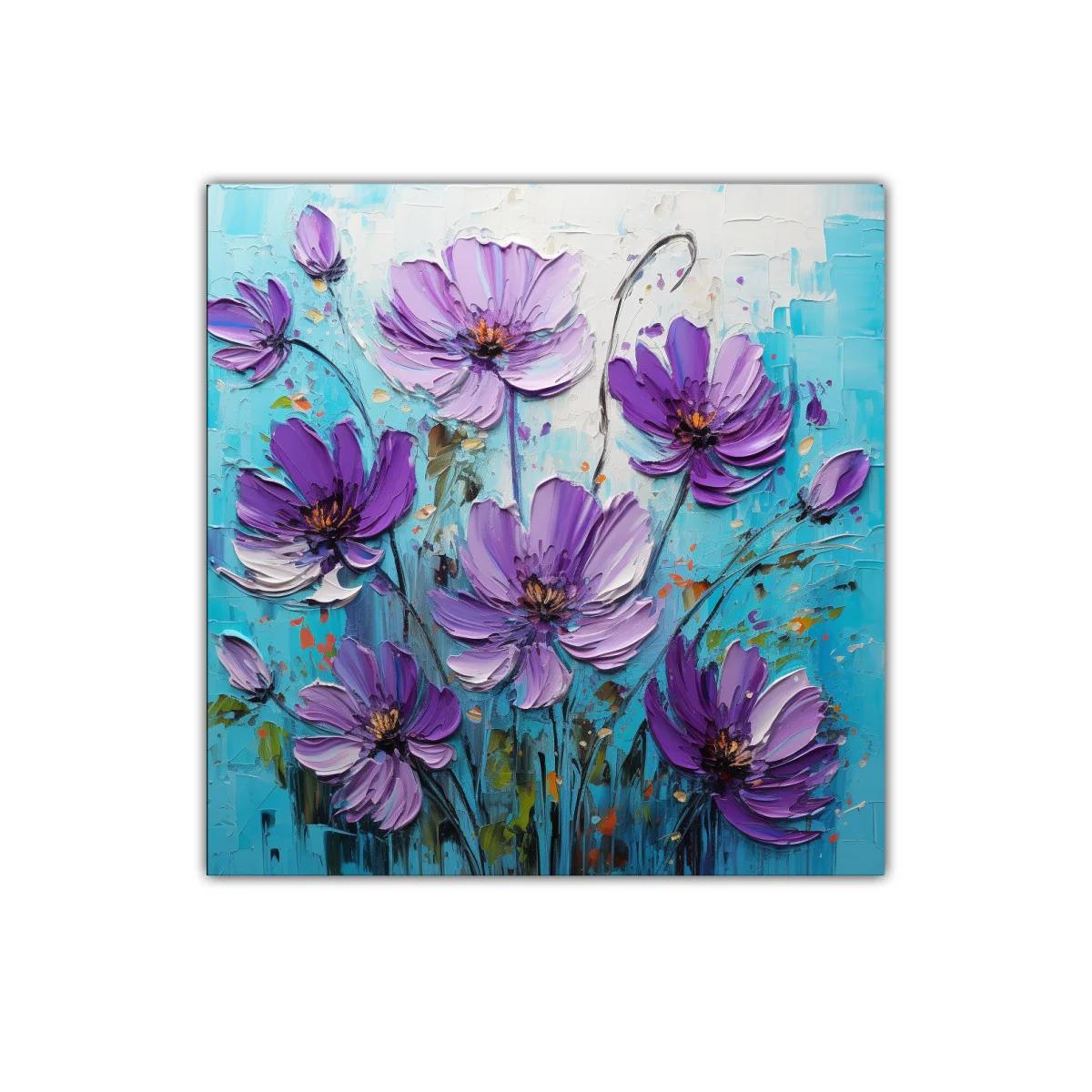 Cuadro decorativo con flores violetas sobre fondo azul — imagen principal
