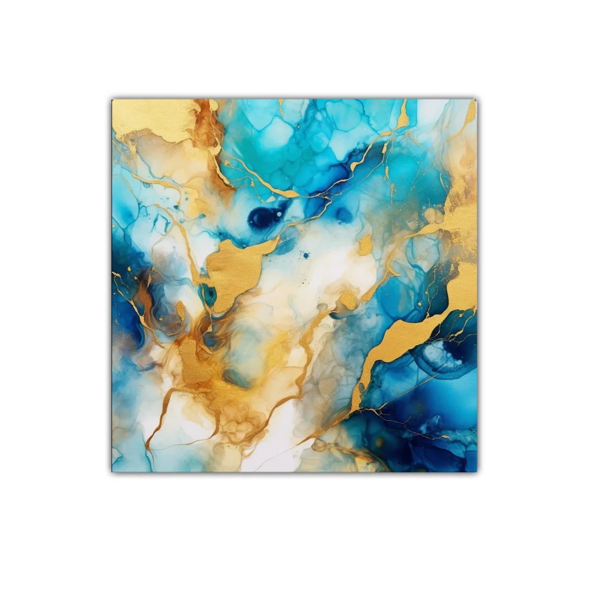 Cuadro abstracto con tonos azules y dorados vibrantes — miniatura 1