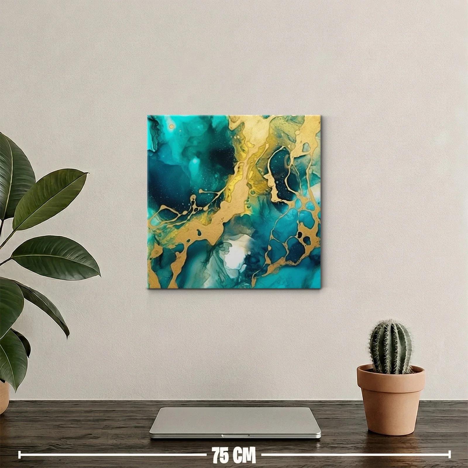 Cuadro abstracto con tonos turquesa y dorados vibrantes — miniatura 2