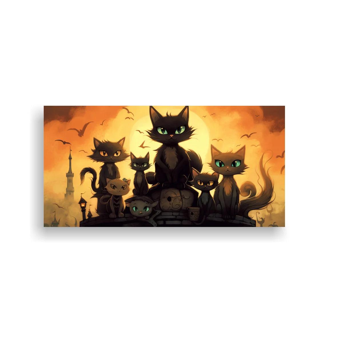 Cuadro grupo de gatos negros con luna llena