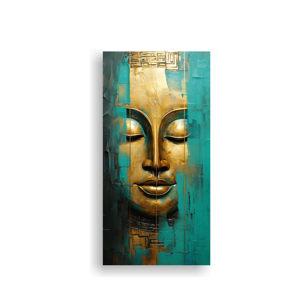 Cuadro rostro de Buda con patrones geométricos turquesa y dorado