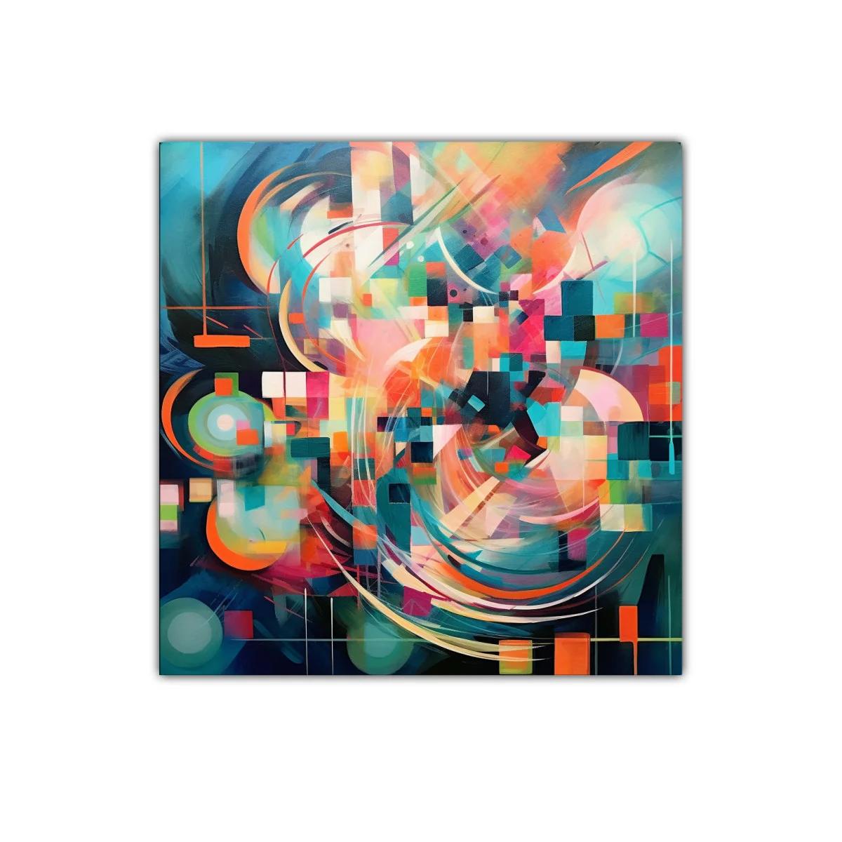 Cuadro abstracto con explosión de colores vibrantes y formas geométricas