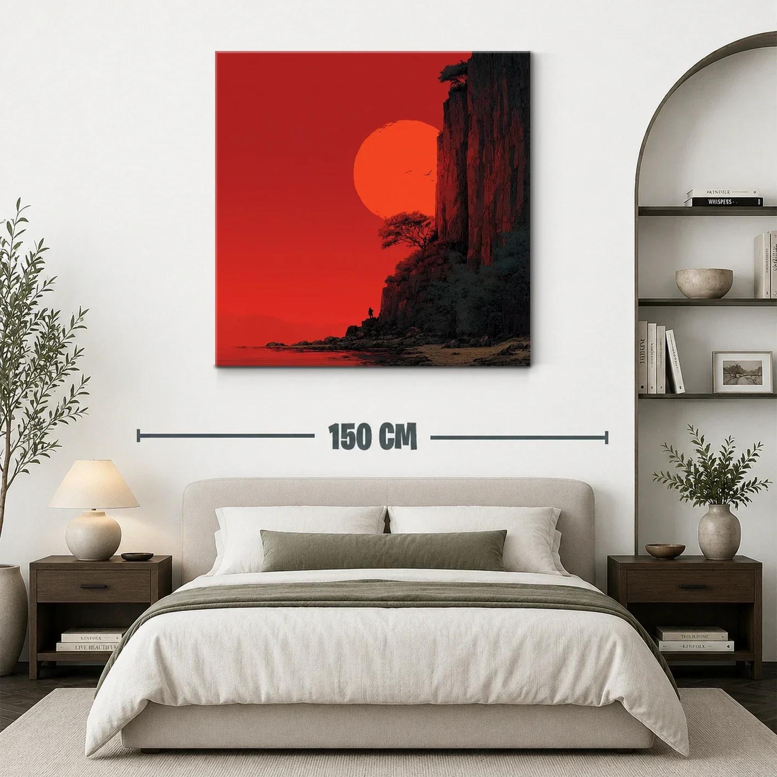 Paisaje dramático con sol rojo y acantilados rocosos — miniatura 3
