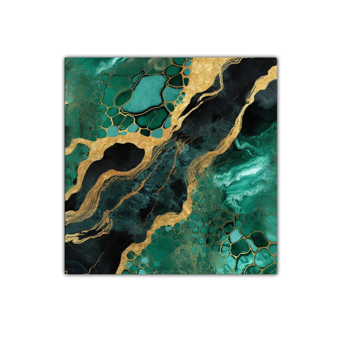 Cuadro abstracto en tonos verde esmeralda y dorado brillante
