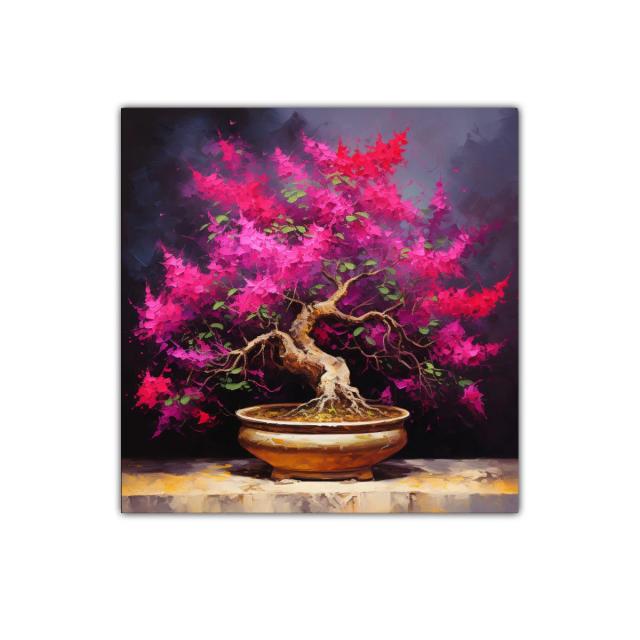 Bonsái en flor con tonos vibrantes y fondo oscuro