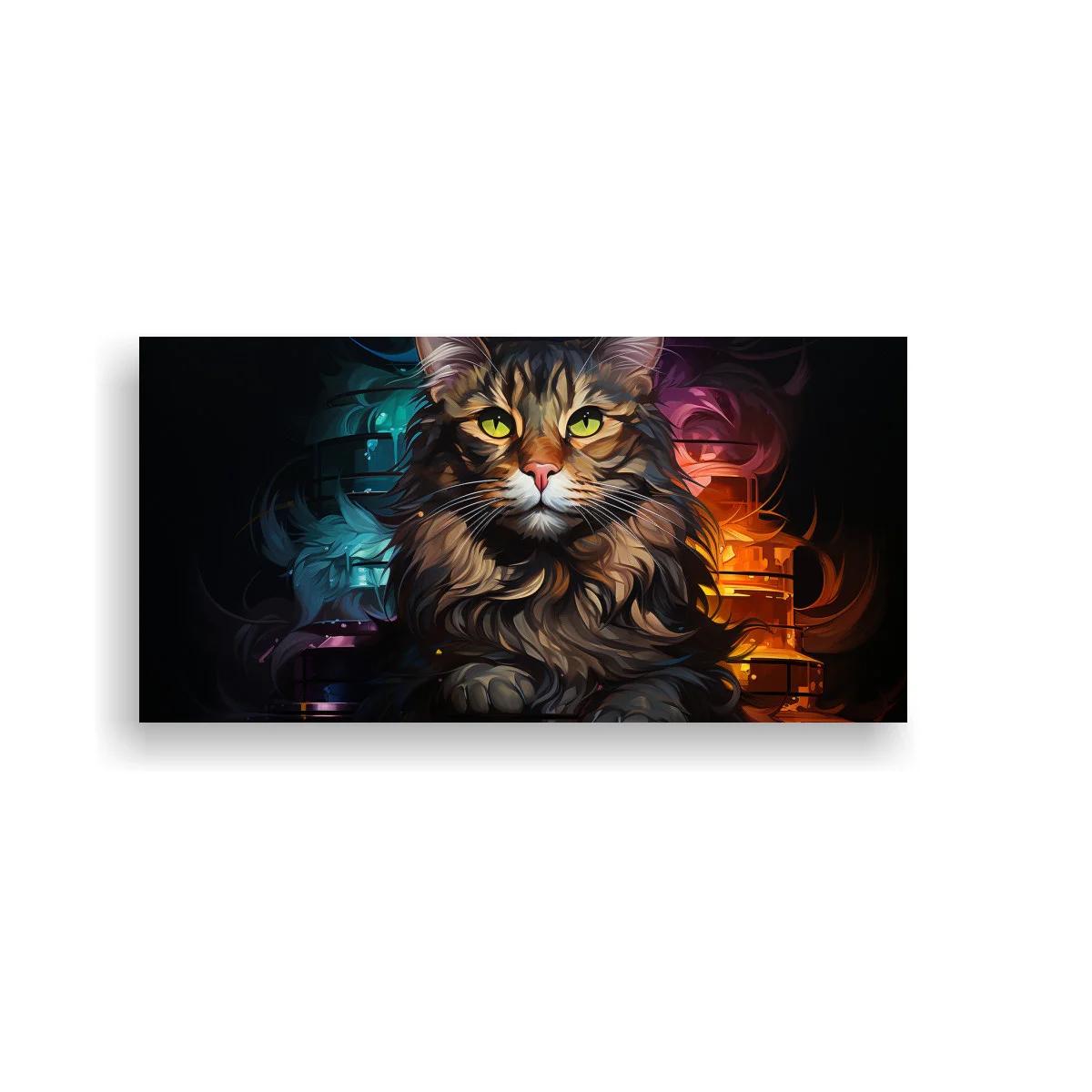 Cuadro gato de pelo largo atigrado con luces de colores