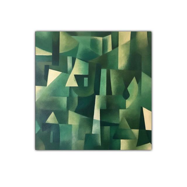 Composición abstracta con tonos verdes y formas geométricas