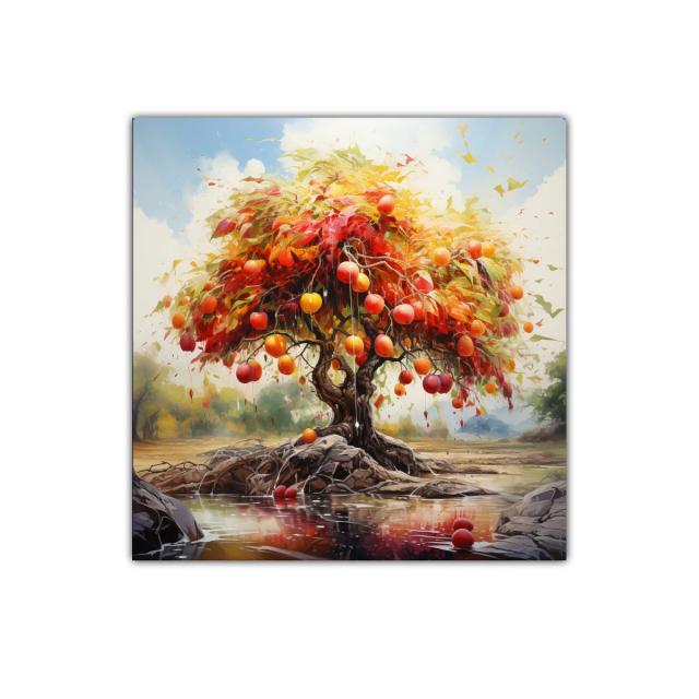 Árbol frutal con tonos cálidos en paisaje sereno