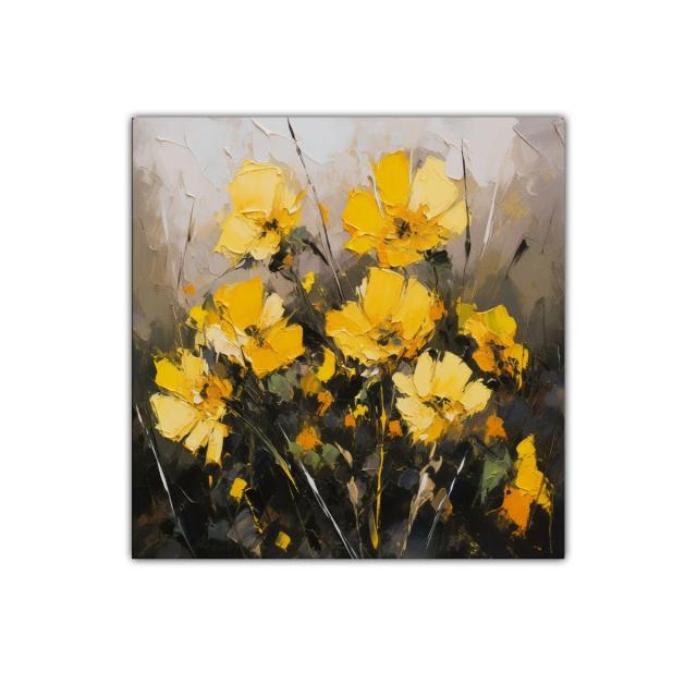 Cuadro floral con flores amarillas vibrantes y fondo neutro