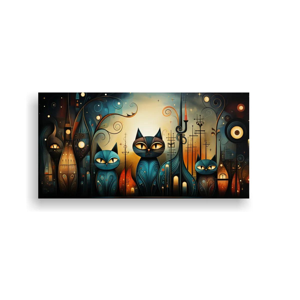 Cuadro gatos de ojos grandes con luces y casitas nocturnas