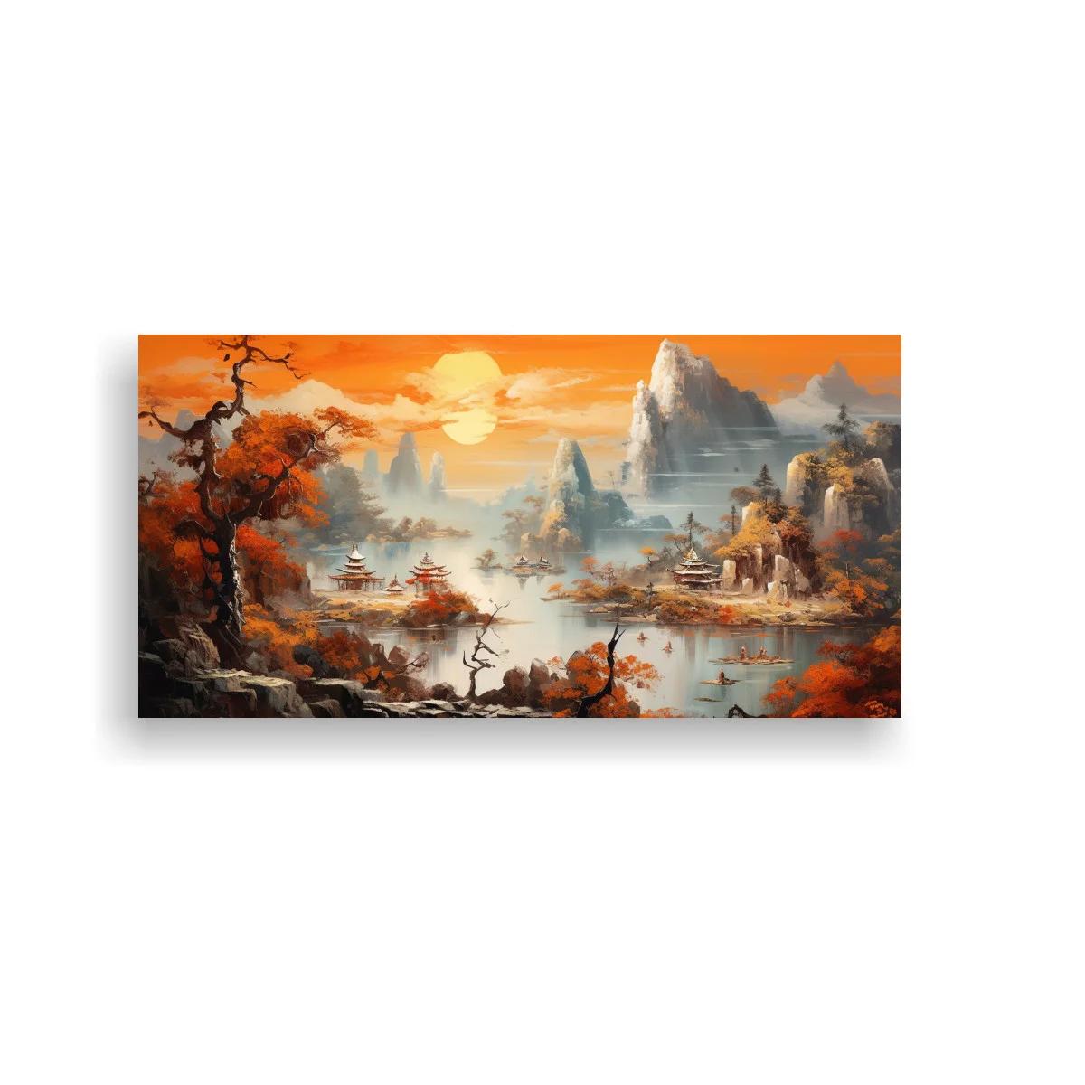 Cuadro paisaje oriental con pagodas y agua enmarcado por rocas — imagen principal