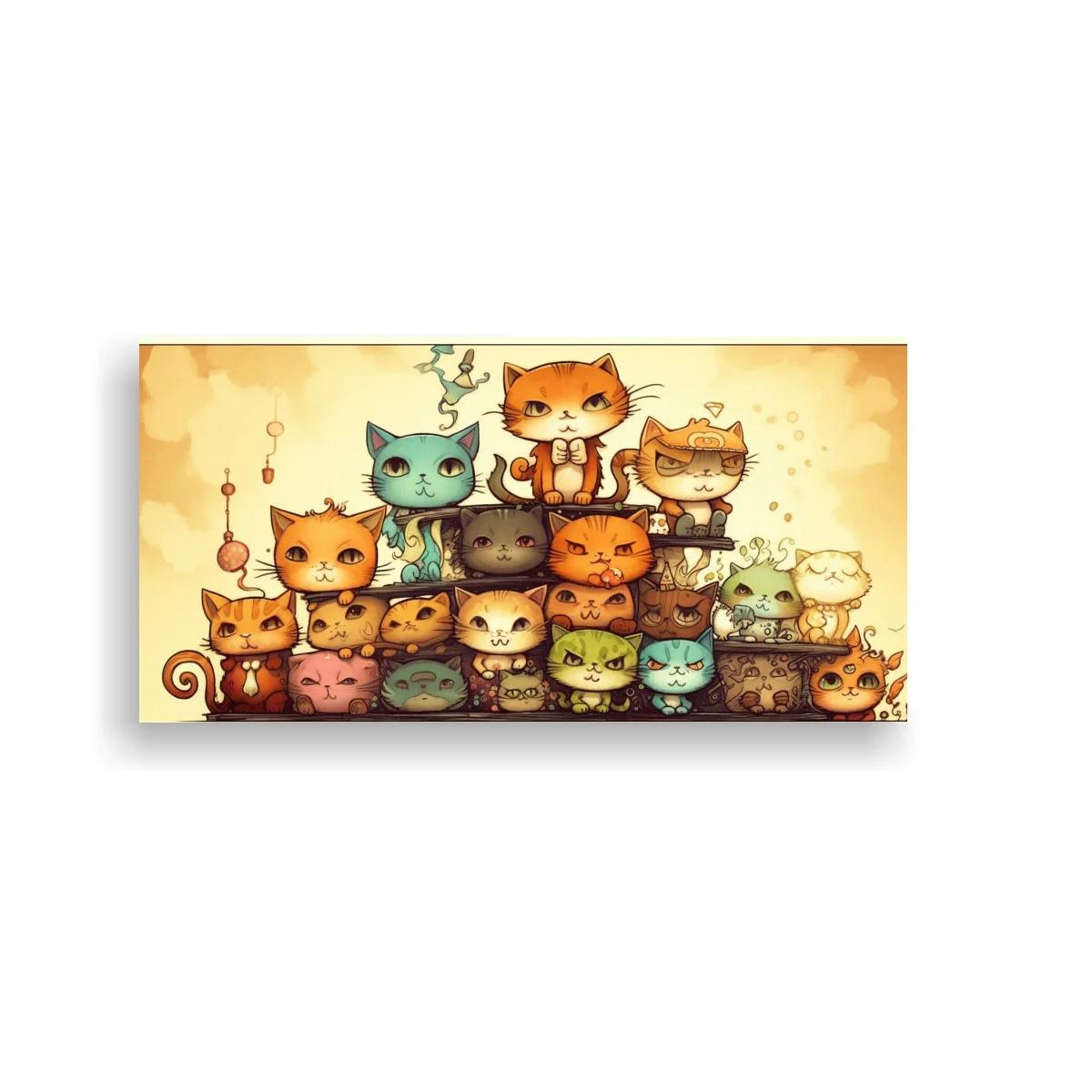 Cuadro grupo de gatos con motivos florales y arabescos