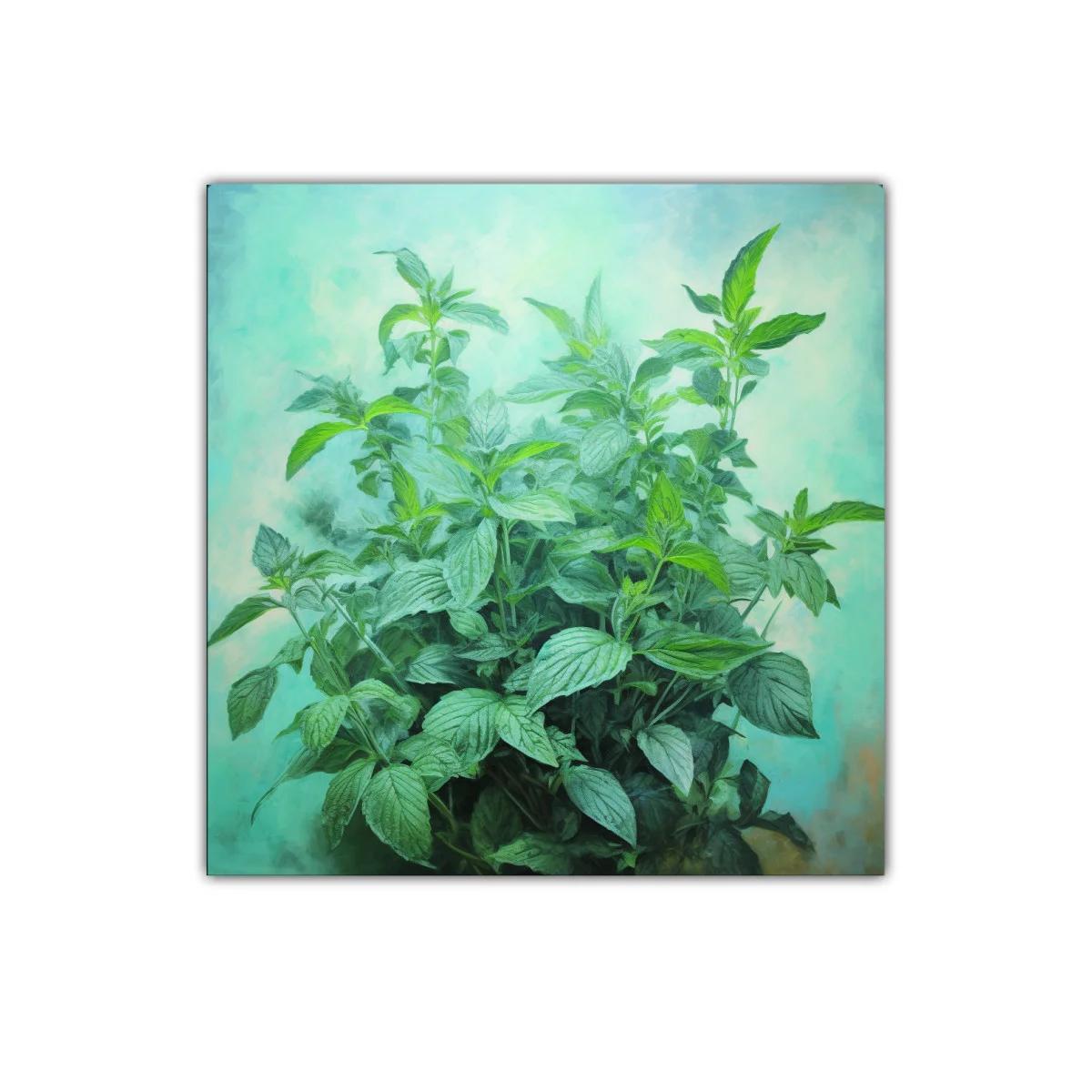 Cuadro decorativo con planta verde sobre fondo celeste