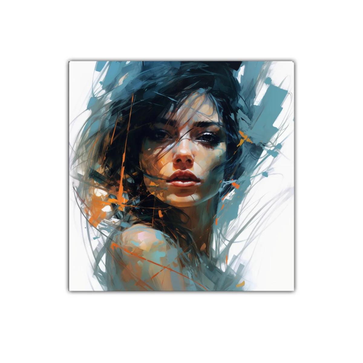 Retrato femenino con pinceladas expresivas en tonos cálidos y fríos