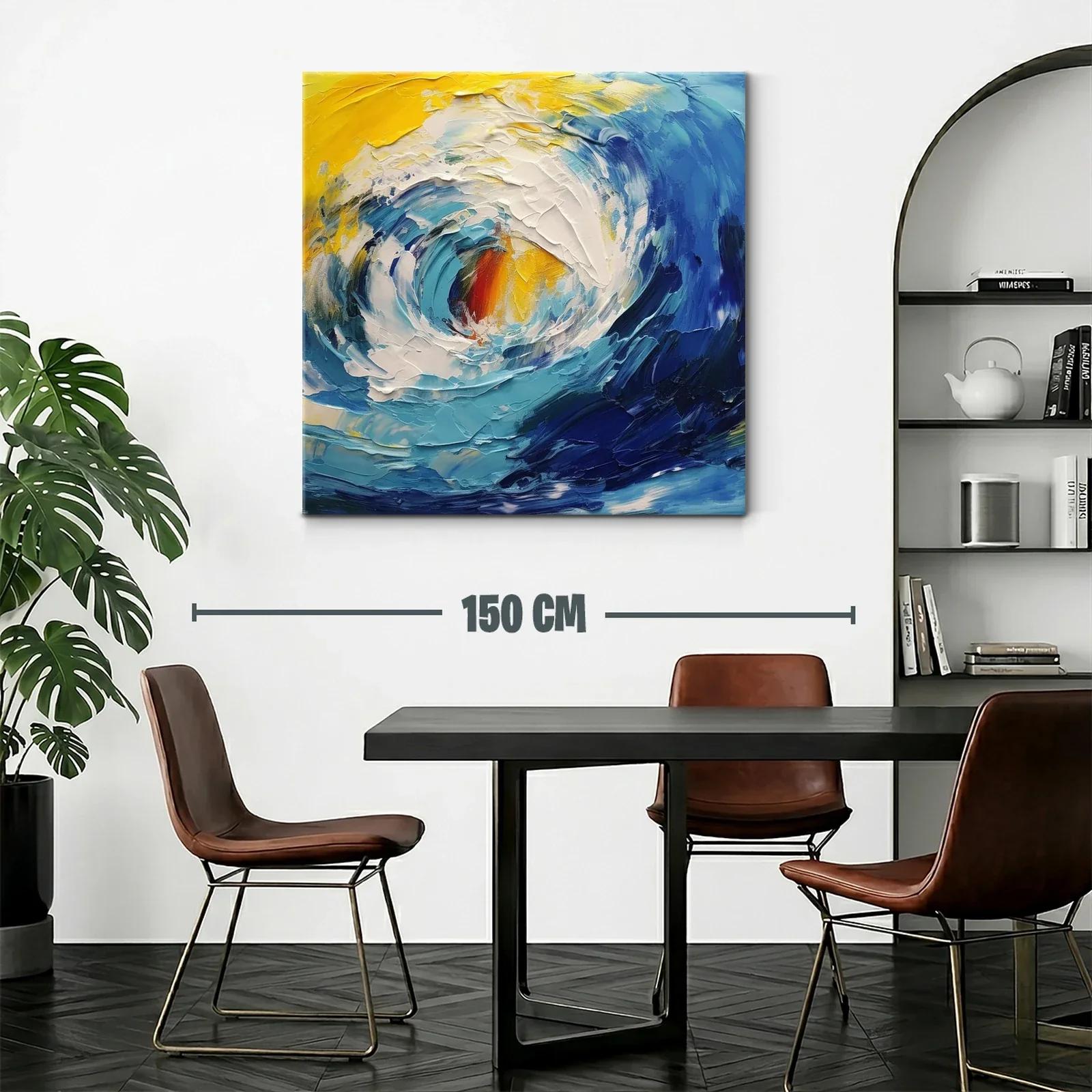 Cuadro abstracto de oleaje dinámico en tonos azul y amarillo — miniatura 2