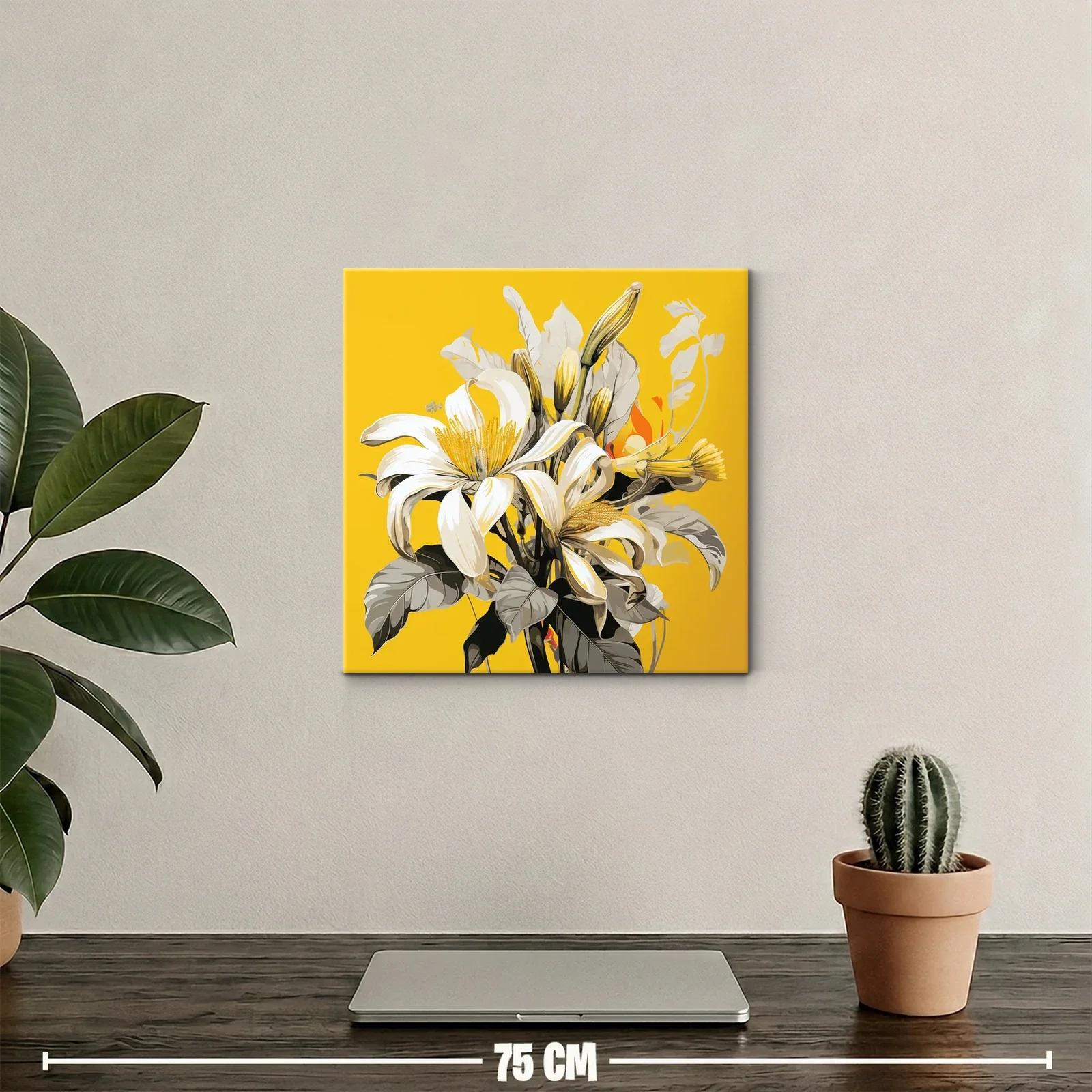 Cuadro floral con lirios blancos sobre fondo amarillo vibrante — miniatura 2