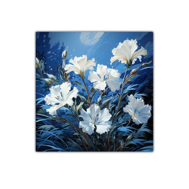 Cuadro con delicadas flores blancas sobre fondo azul