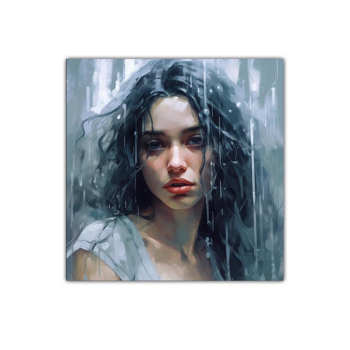 Retrato femenino con melancolía en tonos fríos y lluvia — imagen principal