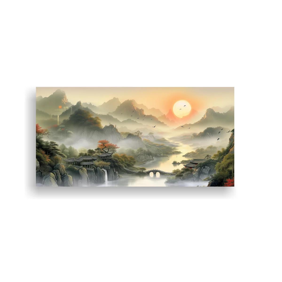 Cuadro paisaje montañoso con puente de arcos y sol naciente