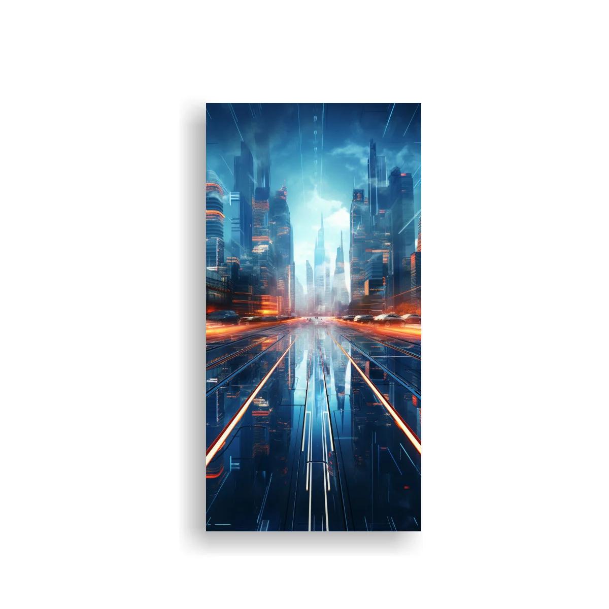 Cuadro ciudad futurista con luces de neón y reflejos azules