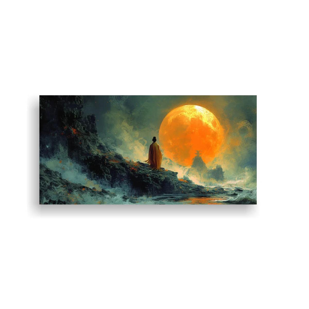 Cuadro luna llena naranja sobre paisaje rocoso con figura solitaria