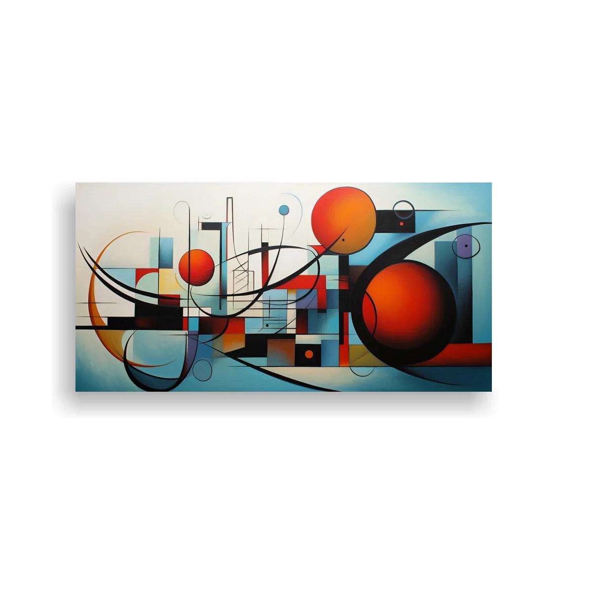 Cuadro composición geométrica con círculos rojos y líneas curvas