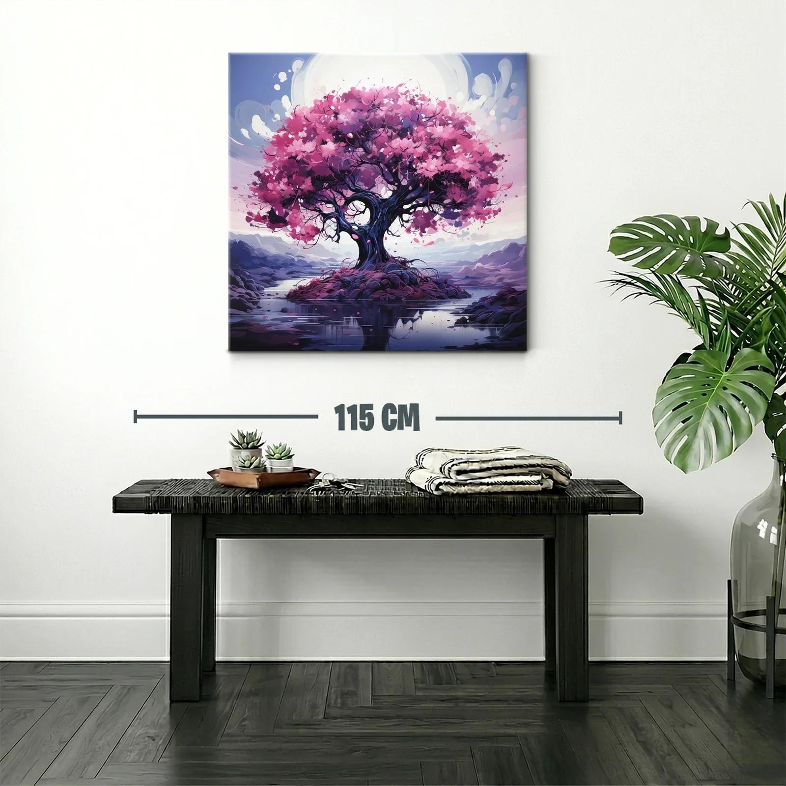 Árbol con flores rosas en paisaje sereno y reflexivo — miniatura 2