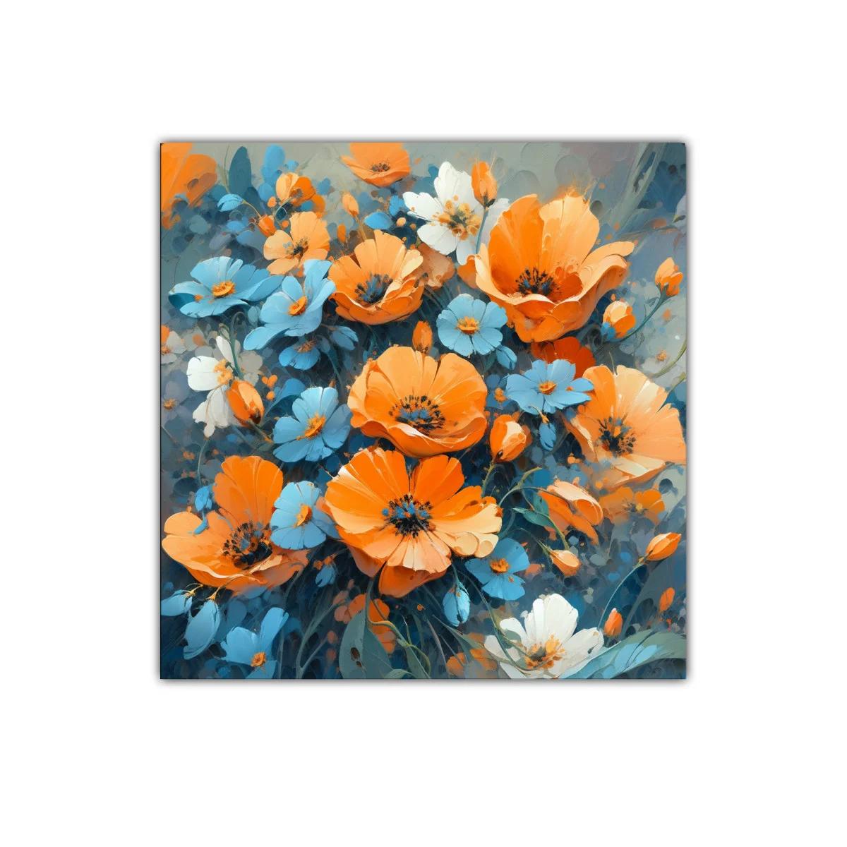 Cuadro floral vibrante en tonos naranja y azul