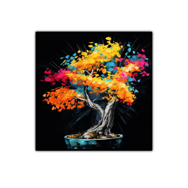 Árbol de colores vibrantes sobre fondo oscuro