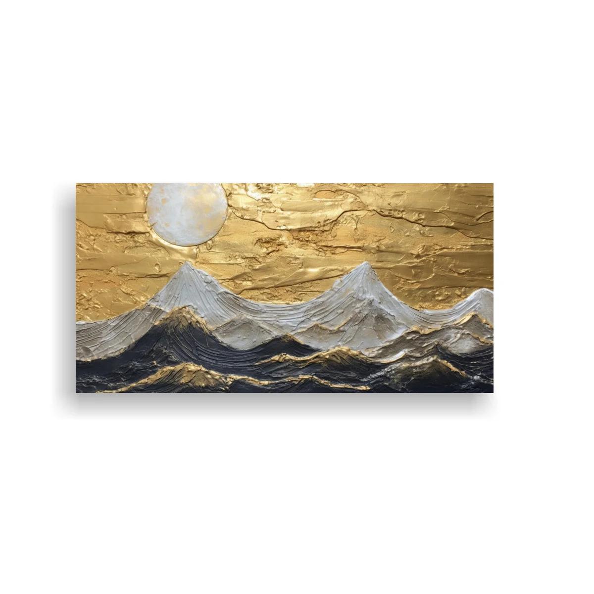 Cuadro cordillera nevada bajo luna dorada