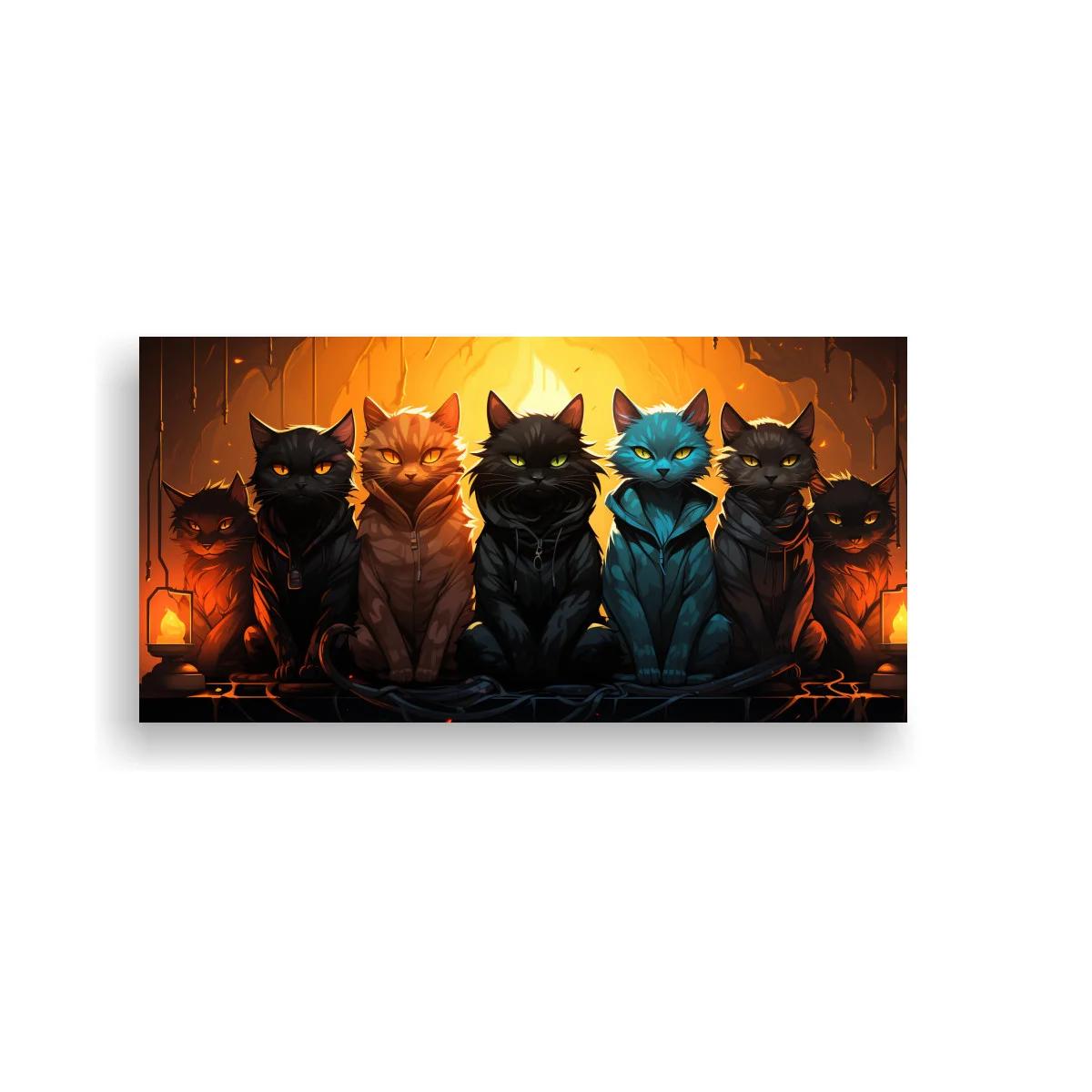 Cuadro grupo de gatos negros con gato azul y faroles encendidos