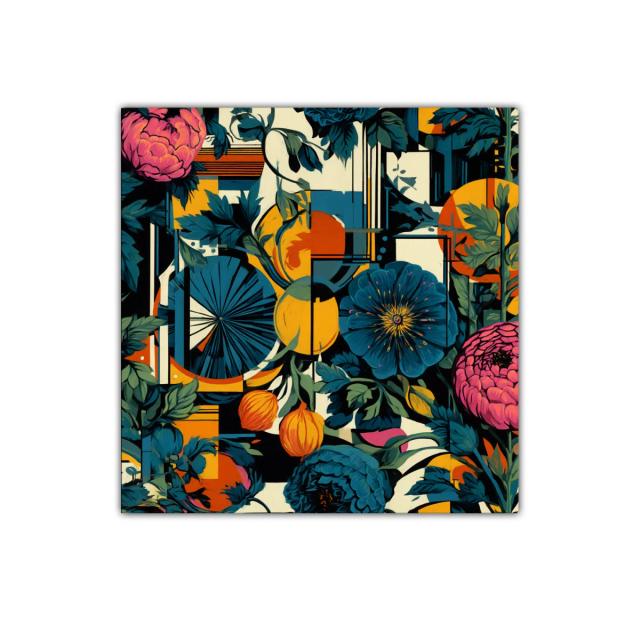 Cuadro decorativo con flores vibrantes y formas geométricas
