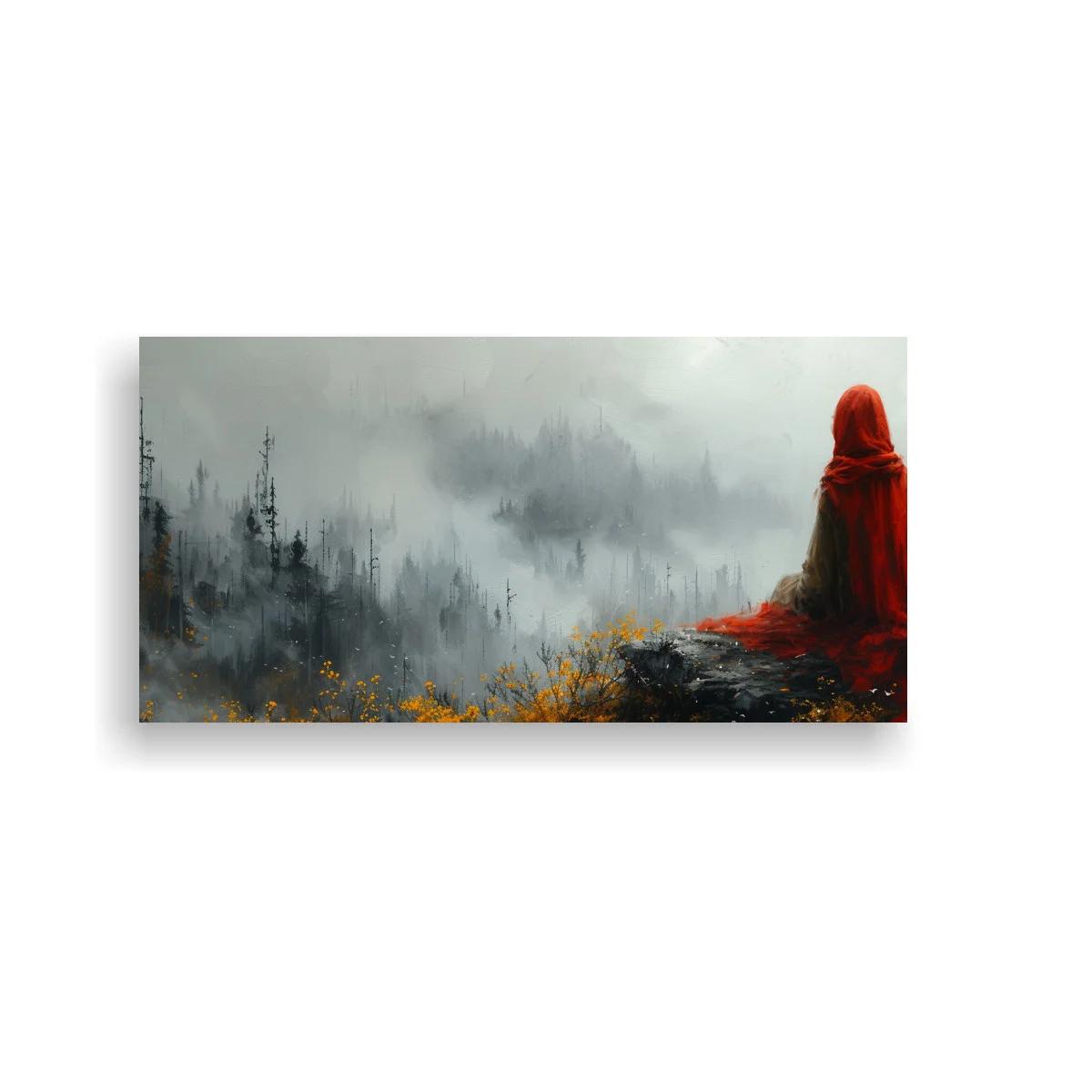 Cuadro figura encapuchada con túnica roja y bosque en niebla