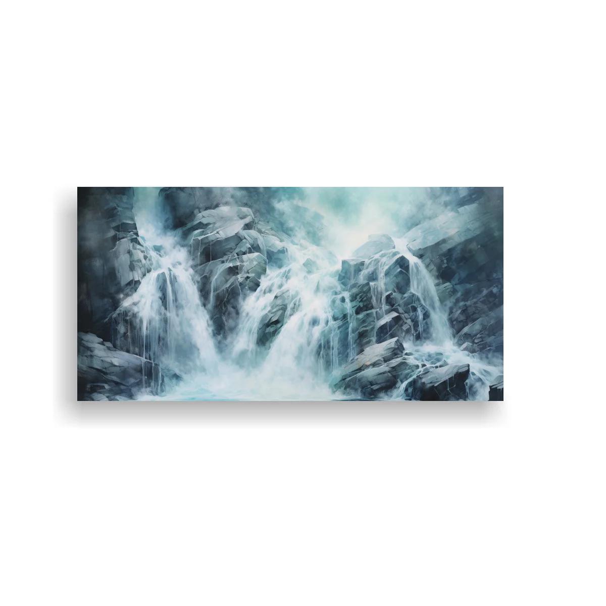 Cuadro cascada entre rocas con bruma azulada